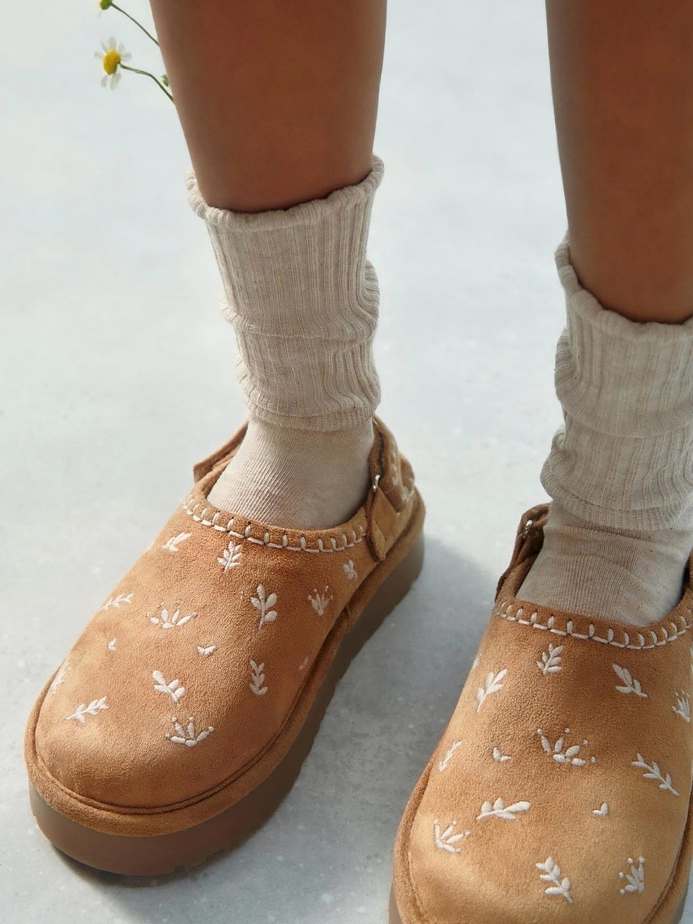 Zara Kids Tan Suede Clogs with White Embroidery